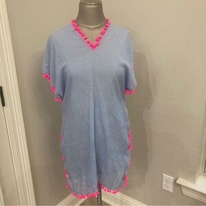 Blue with hot pink pompom trim girls swim suit coverup GUC unbranded